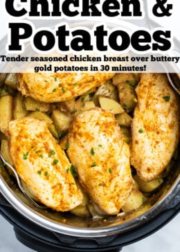 Pinterest pin with chicken breast on top of potatoes in an instant pot.