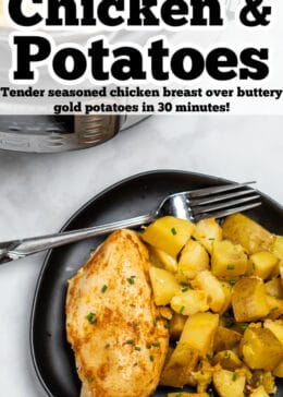 Pinterest pin with chicken breast and potatoes on a plate in front of an instant pot.