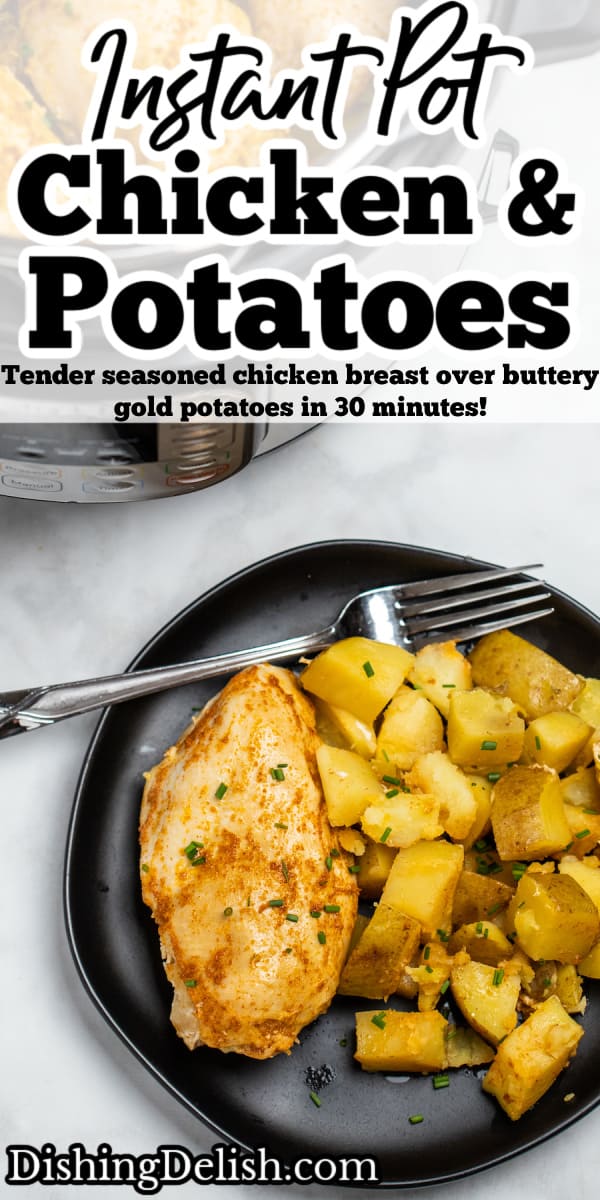 Pinterest pin with chicken breast and potatoes on a plate in front of an instant pot.
