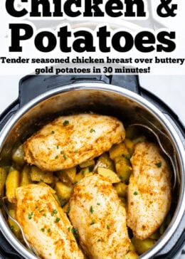 Pinterest pin with chicken breast on top of potatoes in an instant pot.
