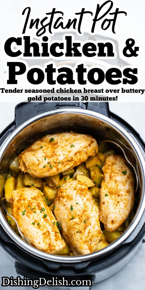 Pinterest pin with chicken breast on top of potatoes in an instant pot.