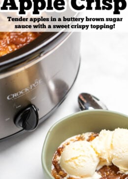 Pinterest pin with a bowl of apple crisp topped with vanilla ice cream next to a slow cooker.