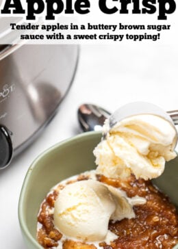 Pinterest pin with a bowl of apple crisp topped with vanilla ice cream next to a slow cooker.