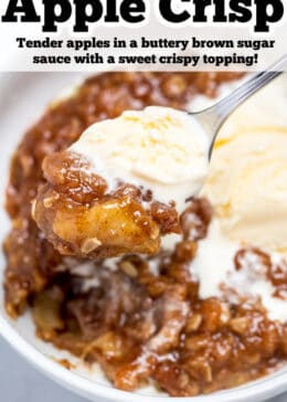 Pinterest pin with a bowl of apple crisp and a spoonful topped with vanilla ice cream.