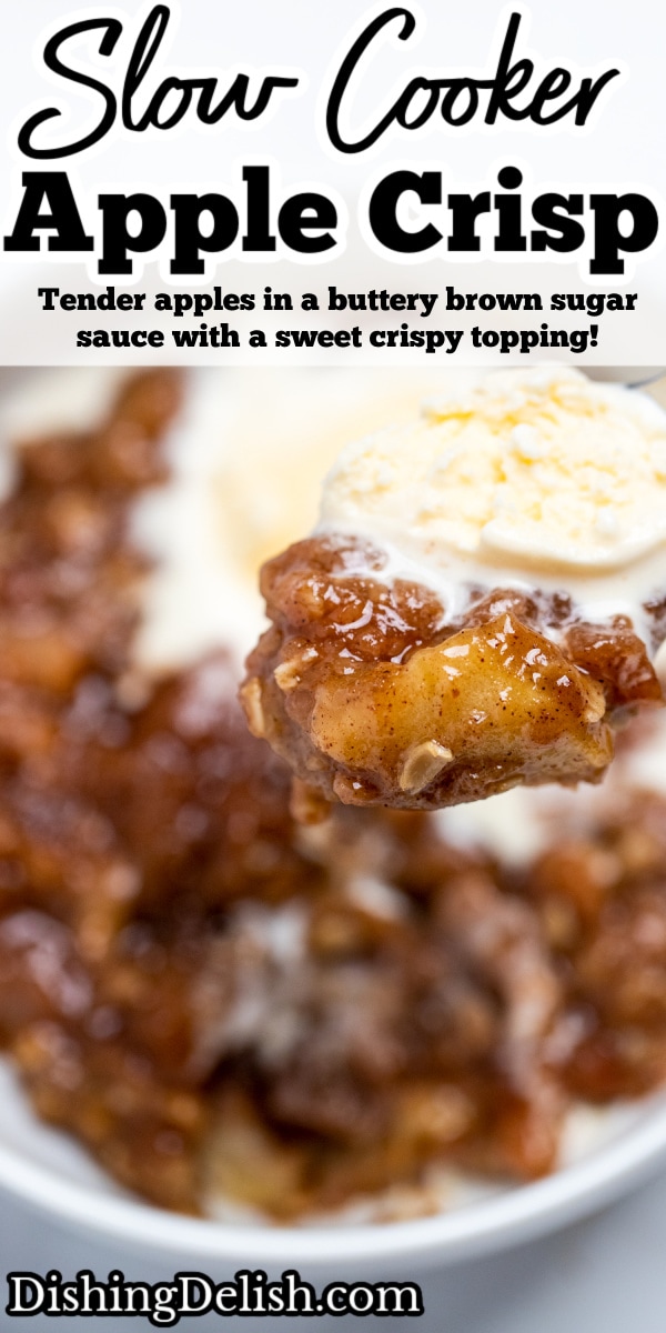 Pinterest pin with a bowl of apple crisp and a spoonful topped with vanilla ice cream.