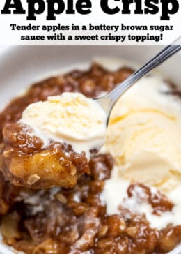 Pinterest pin with a bowl of crockpot apple crisp topped with vanilla ice cream.