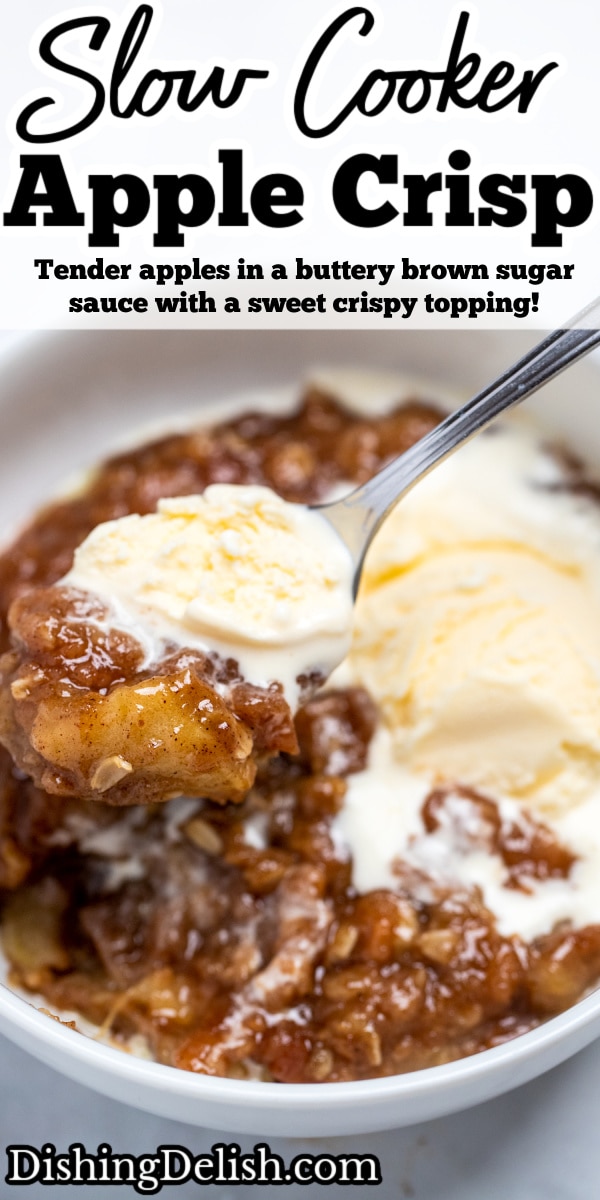 Pinterest pin with a bowl of crockpot apple crisp topped with vanilla ice cream.