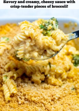 Pinterest pin of a spoon scooping broccoli mac and cheese out of the baking dish.