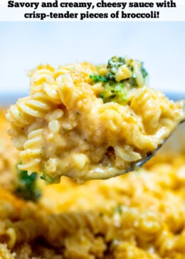 Pinterest pin of a spoon scooping broccoli mac and cheese out of the baking dish.