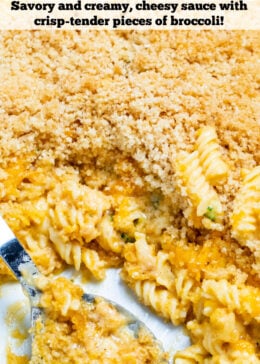 Pinterest pin of a serving spoon sitting in a serving dish having already served the mac and cheese.