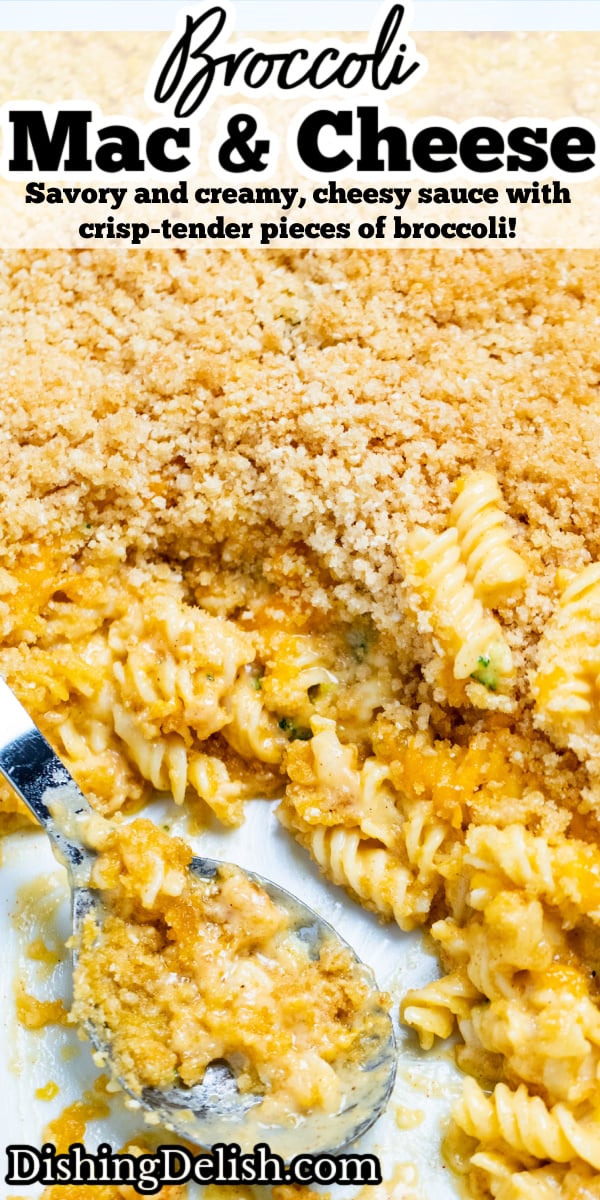 Pinterest pin of a serving spoon sitting in a serving dish having already served the mac and cheese.