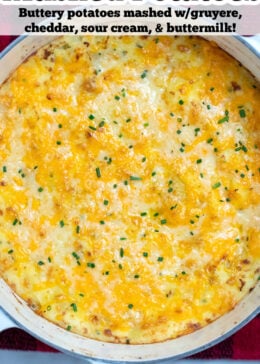 Pinterest pin with a dutch oven of cheesy mashed potatoes.