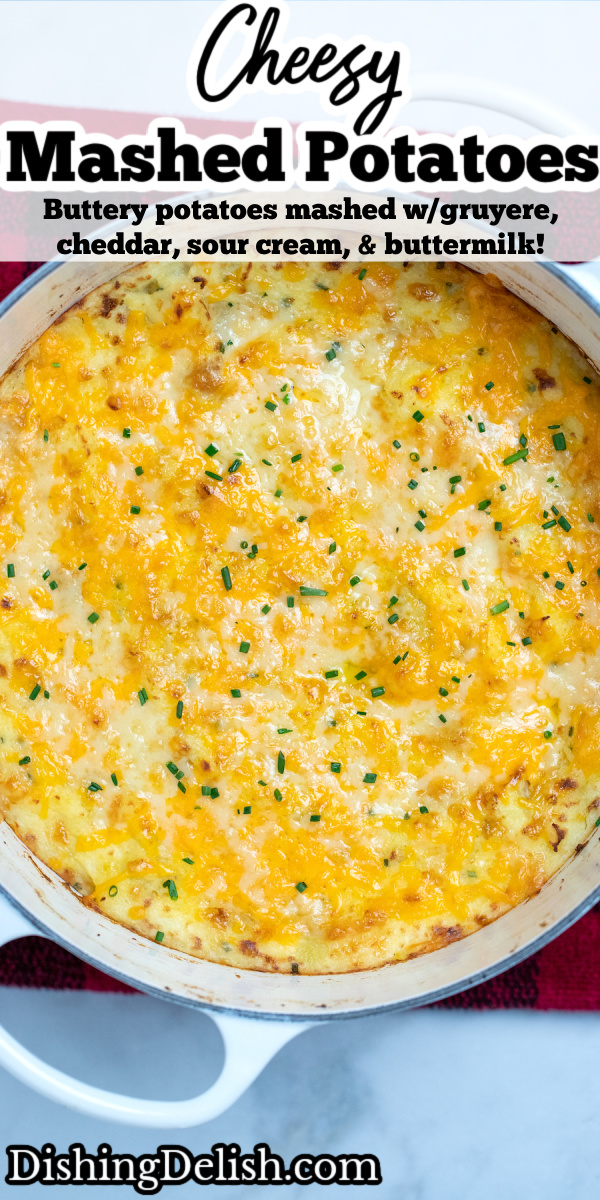 Pinterest pin with a dutch oven of cheesy mashed potatoes.