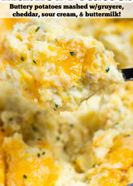 Pinterest pin with a spoon scooping cheesy mashed potatoes, with melty cheese pulling from the dish.