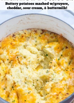 Pinterest pin with a dutch oven of mashed potatoes that's already been served from.
