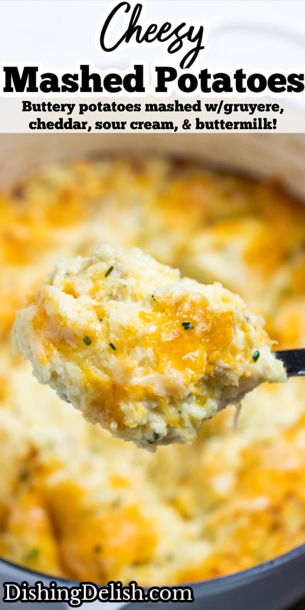 Pinterest pin with a spoon scooping cheesy mashed potatoes, with melty cheese pulling from the dish.