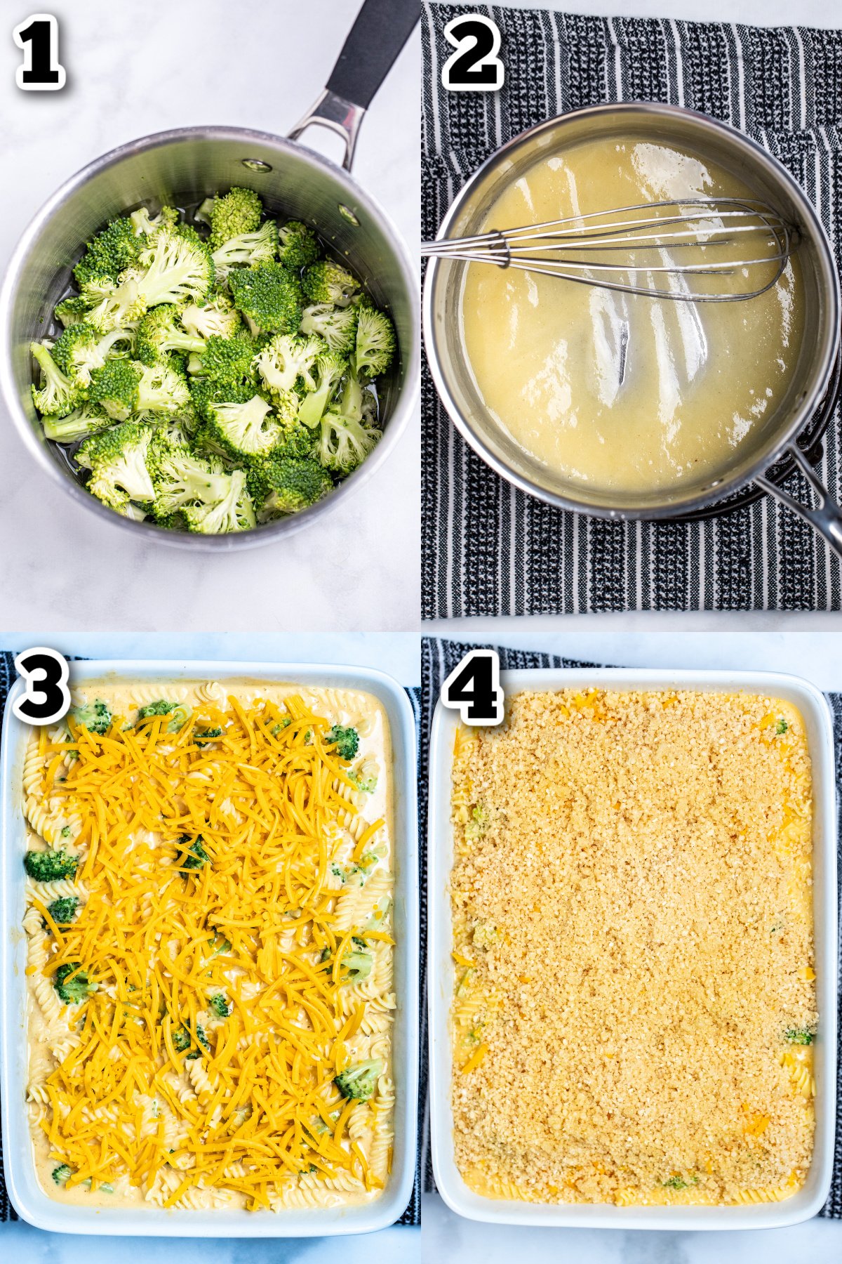 Step by step photos for how to make broccoli mac and cheese.