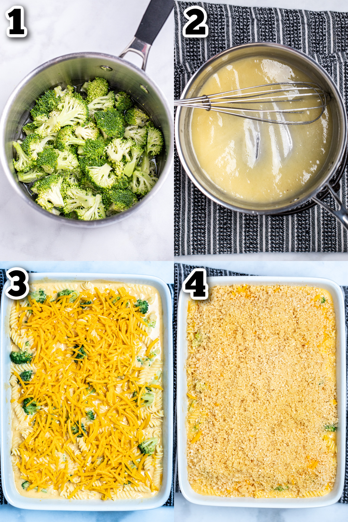 Step by step photos for how to make broccoli mac and cheese.