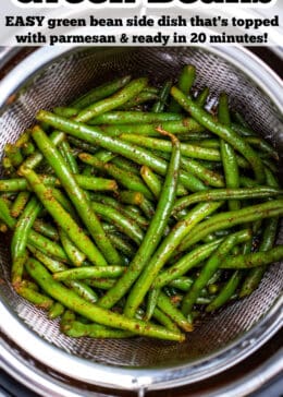Pinterest pin with green beans coated with olive oil and spices in an instant pot steamer basket.