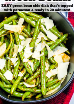 Pinterest pin with instant pot green beans in a bowl on the table topped with shredded parmesan cheese.