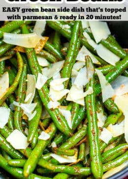 Pinterest pin with instant pot green beans in a bowl on the table topped with shredded parmesan cheese.