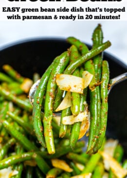 A pinterest pin with a spoon lifting a serving of instant pot green beans topped with parmesan cheese from a bowl on the table.