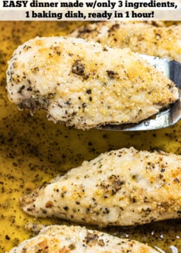 Pinterest pin with a baking dish of Italian Dressing Chicken and a spatula lifting one piece up.