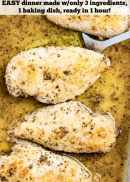 Pinterest pin with a baking dish of Italian Dressing Chicken and a spatula lifting one piece up.