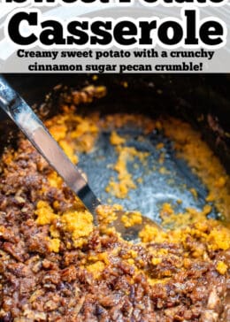 Pinterest pin with a crockpot of sweet potato casserole with a spoon and some of the dish already served.