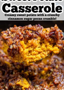 Pinterest pin with a spoon lifting crockpot sweet potato casserole out of the pot.