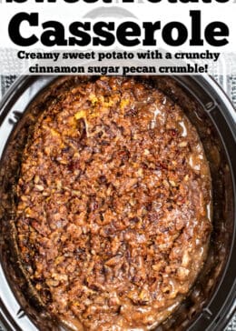 Pinterest pin with a crockpot of sweet potato casserole with a brown crunchy topping.