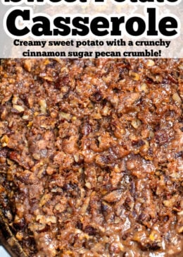 Pinterest pin with a crockpot of sweet potato casserole with a brown crispy topping.