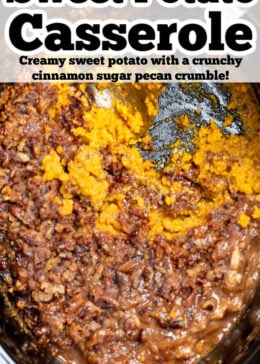 Pinterest pin with a crockpot of sweet potato casserole with a spoon.