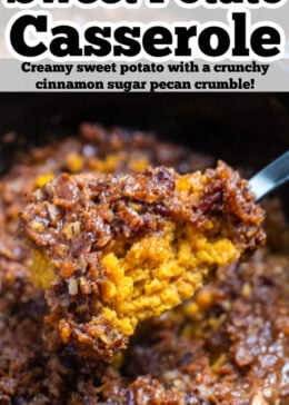 Pinterest pin with a spoon lifting out a portion of slow cooker sweet potato casserole from the crockpot.
