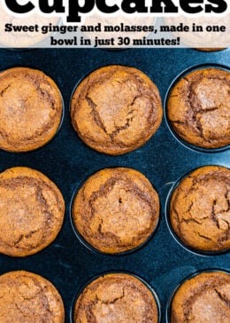 Pinterest pin with a muffin tin full of finished gingerbread cupcakes.