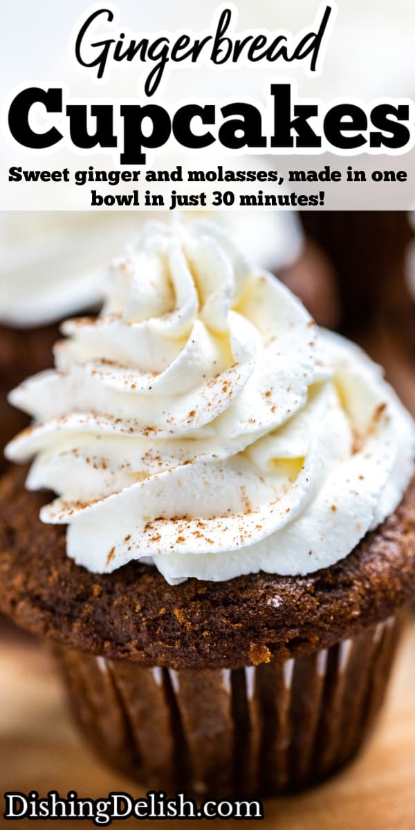 Pinterest pin with a gingerbread cupcake topped with frosting on a wooden cutting board.