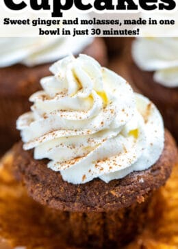 Pinterest pin with a gingerbread cupcake sitting in a cupcake liner topped with a swirl of frosting.