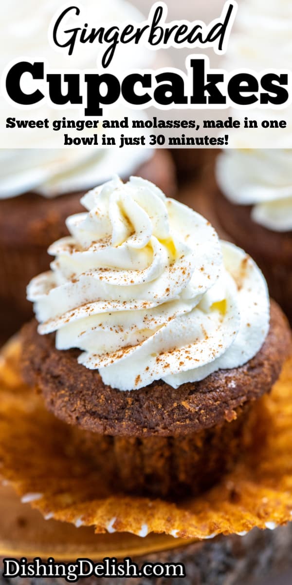 Pinterest pin with a gingerbread cupcake sitting in a cupcake liner topped with a swirl of frosting.