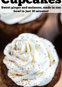 Pinterest pin with the top of a gingerbread cupcake topped with a swirl of frosting.