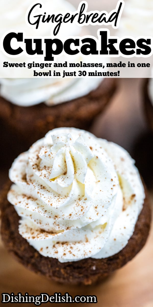 Pinterest pin with the top of a gingerbread cupcake topped with a swirl of frosting.