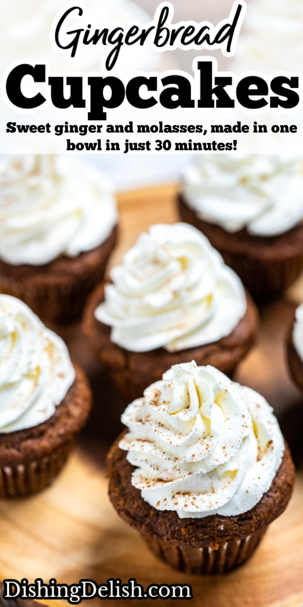 Pinterest pin with gingerbread cupcakes topped with frosting on a wooden cutting board and other cupcakes.
