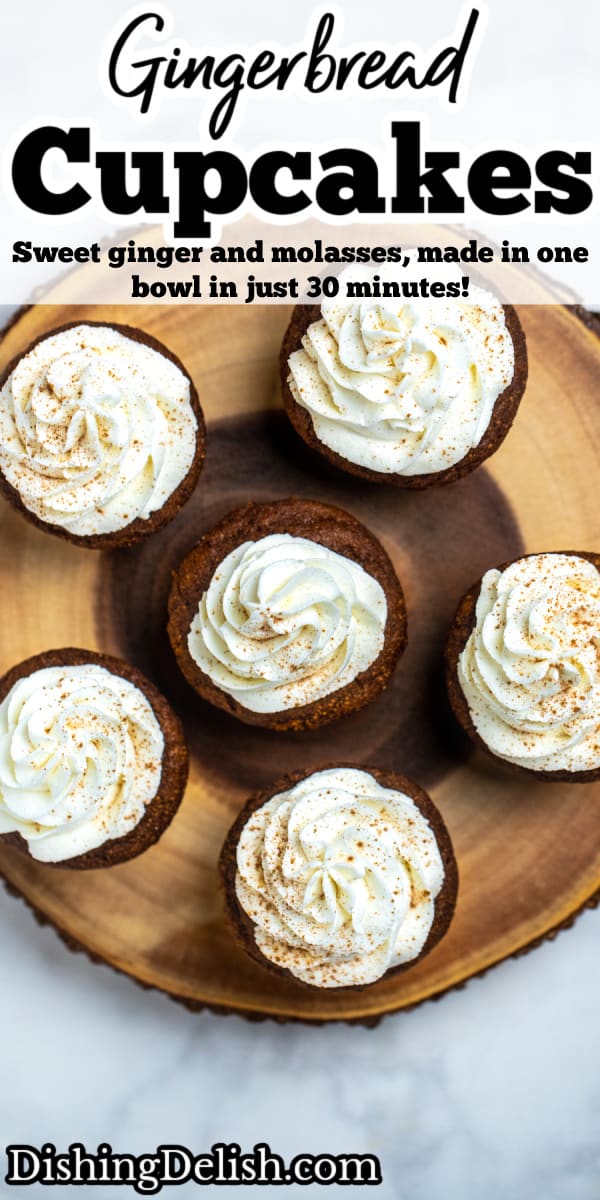 Pinterest pin with gingerbread cupcakes topped with frosting on a wooden cutting board and other cupcakes.
