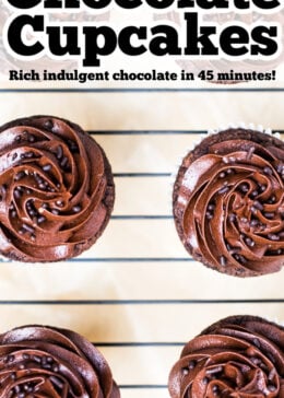 A pinterest pin with gluten free chocolate cupcakes topped with frosting and chocolate sprinkles on top of a wire rack.