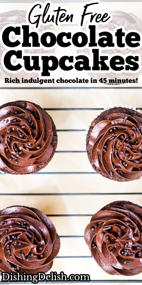 A pinterest pin with gluten free chocolate cupcakes topped with frosting and chocolate sprinkles on top of a wire rack.