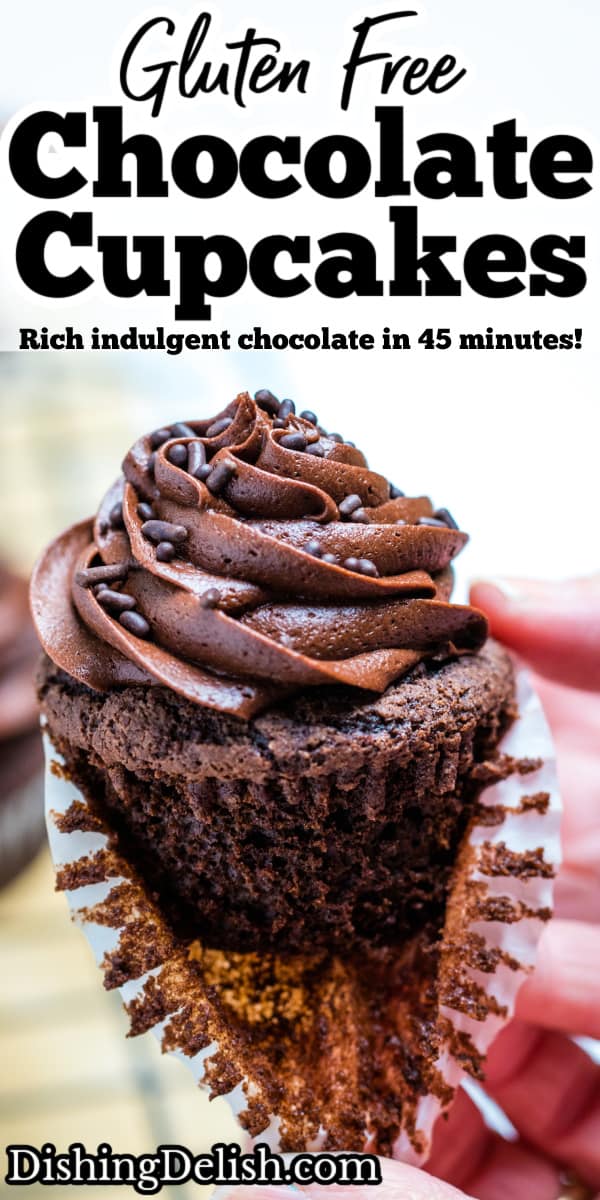 Pinterest pin with a hand removing the paper liner from a gluten free chocolate cupcake topped with buttercream and chocolate sprinkles.