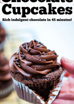 Pinterest pin with a hand holding a gluten free chocolate cupcake topped with buttercream and chocolate sprinkles.