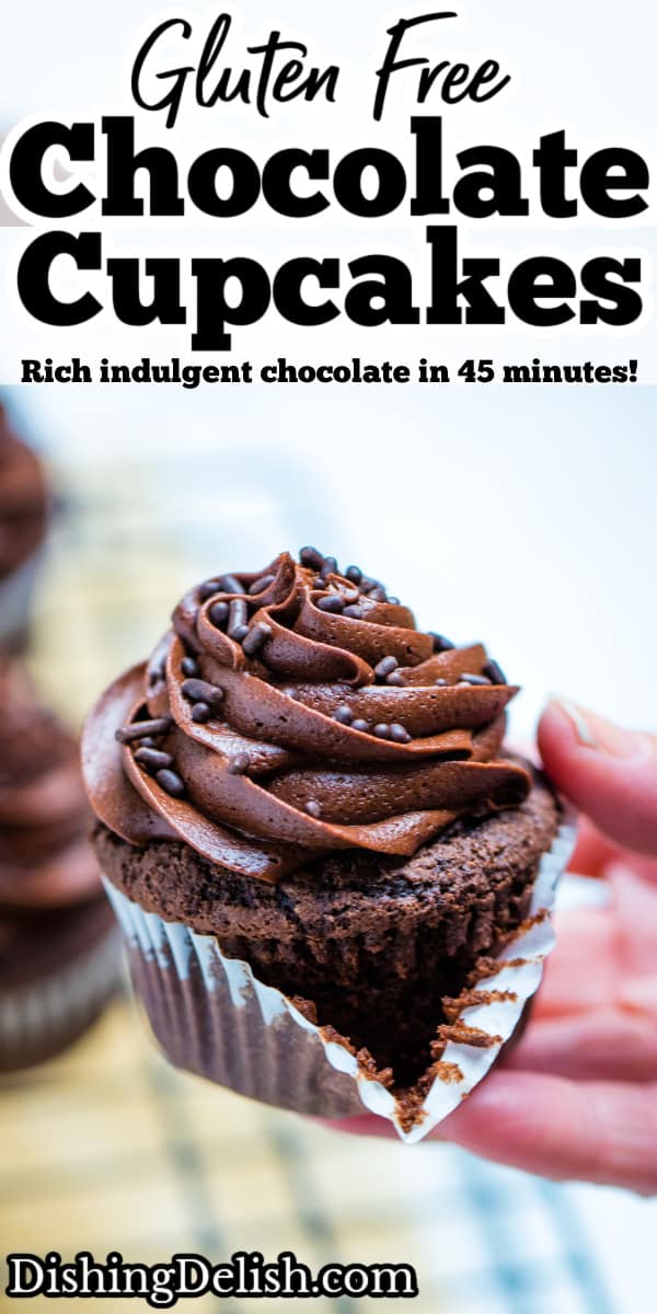 Pinterest pin with a hand holding a gluten free chocolate cupcake topped with buttercream and chocolate sprinkles.