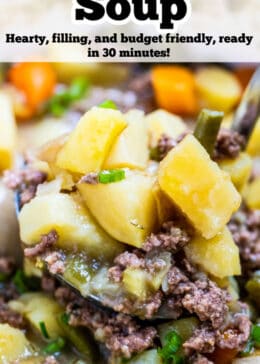 Pinterest pin with a ladle scooping up ground beef soup.