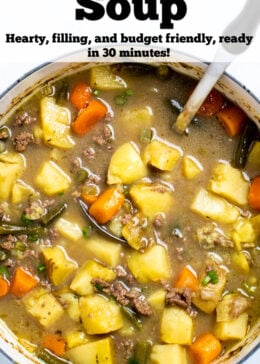 Pinterest pin with a dutch oven of ground beef soup and a ladle.