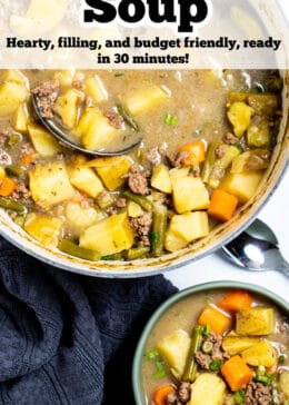 Pinterest pin with a bowl of ground beef soup in front of a dutch oven with a ladle.